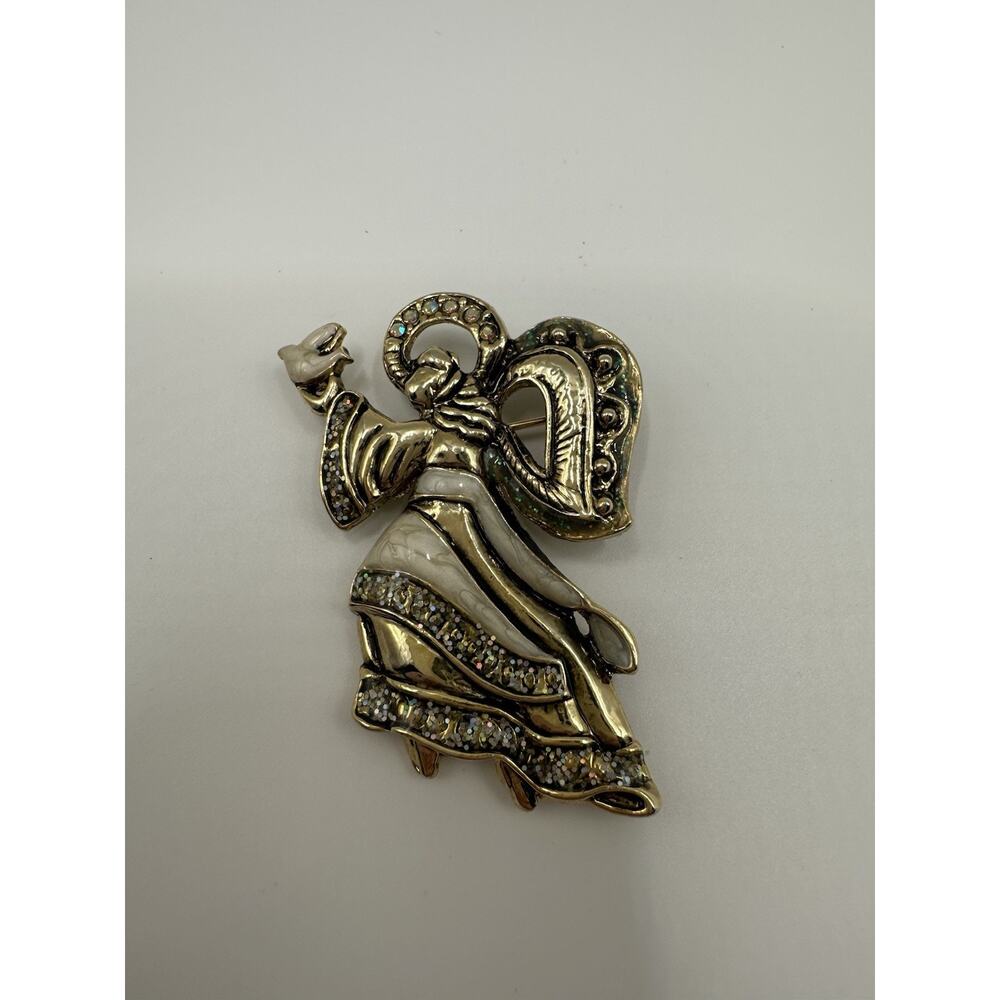 Vintage Signed AAI Angel Brooch Pin Enamel Rhinestone Dove 1 3/4"